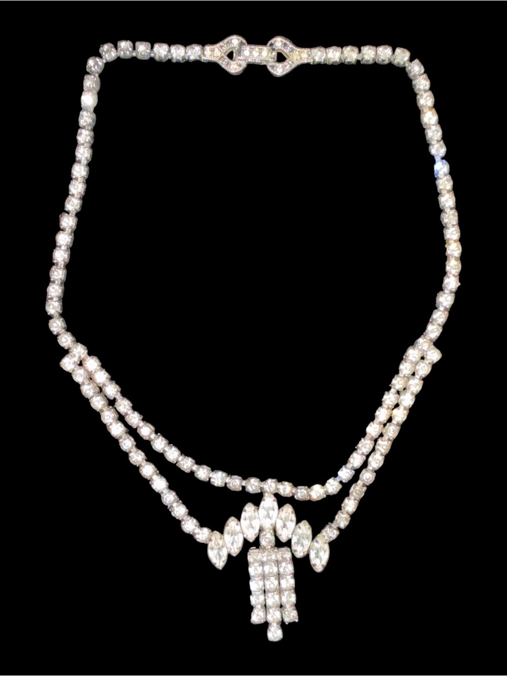 Vintage Rhinestone Necklace Marquise Crystal Tassel 1950s 60s